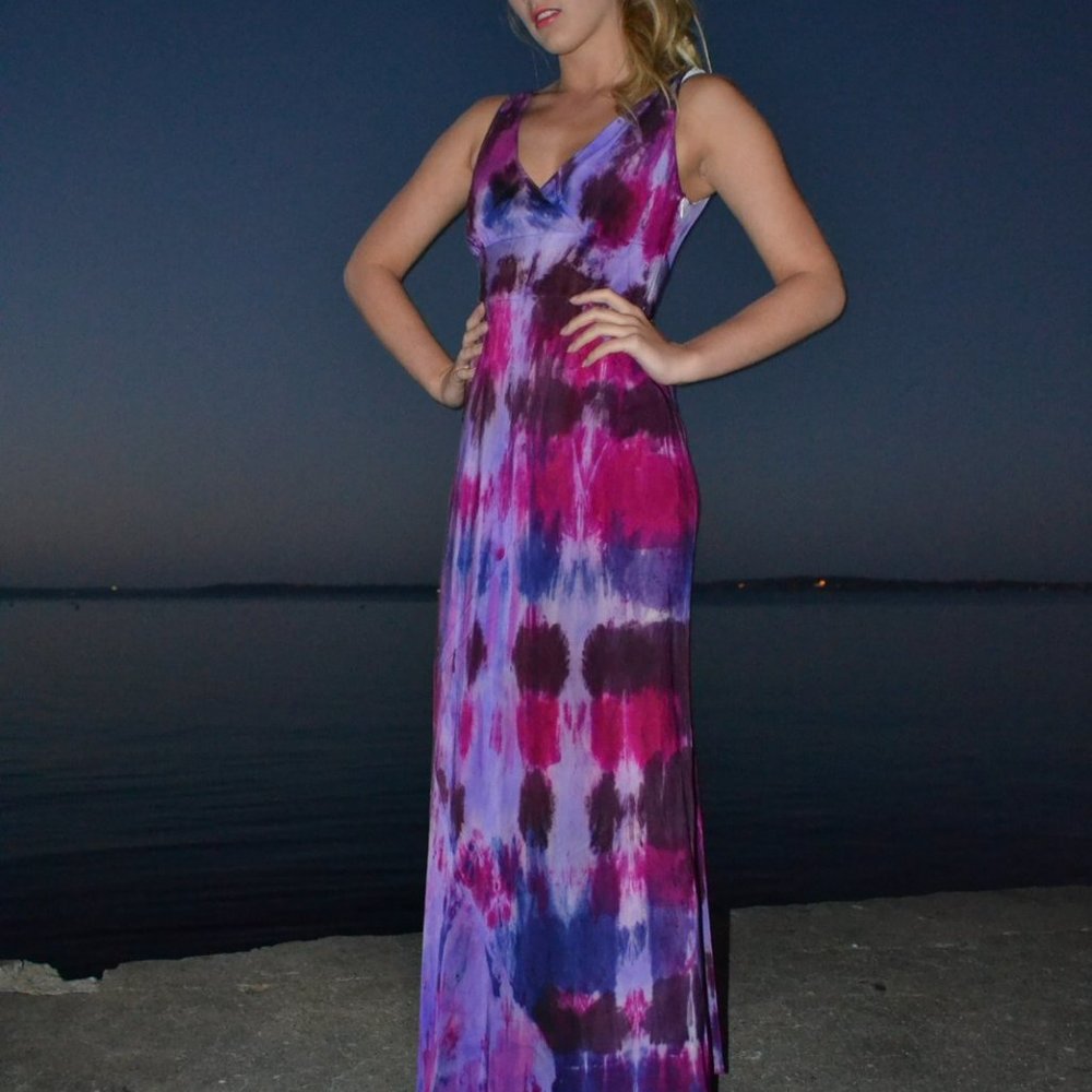 New painted tie dye silk resort beach dress maxi black purple pink blue runway - Picture 2 of 2